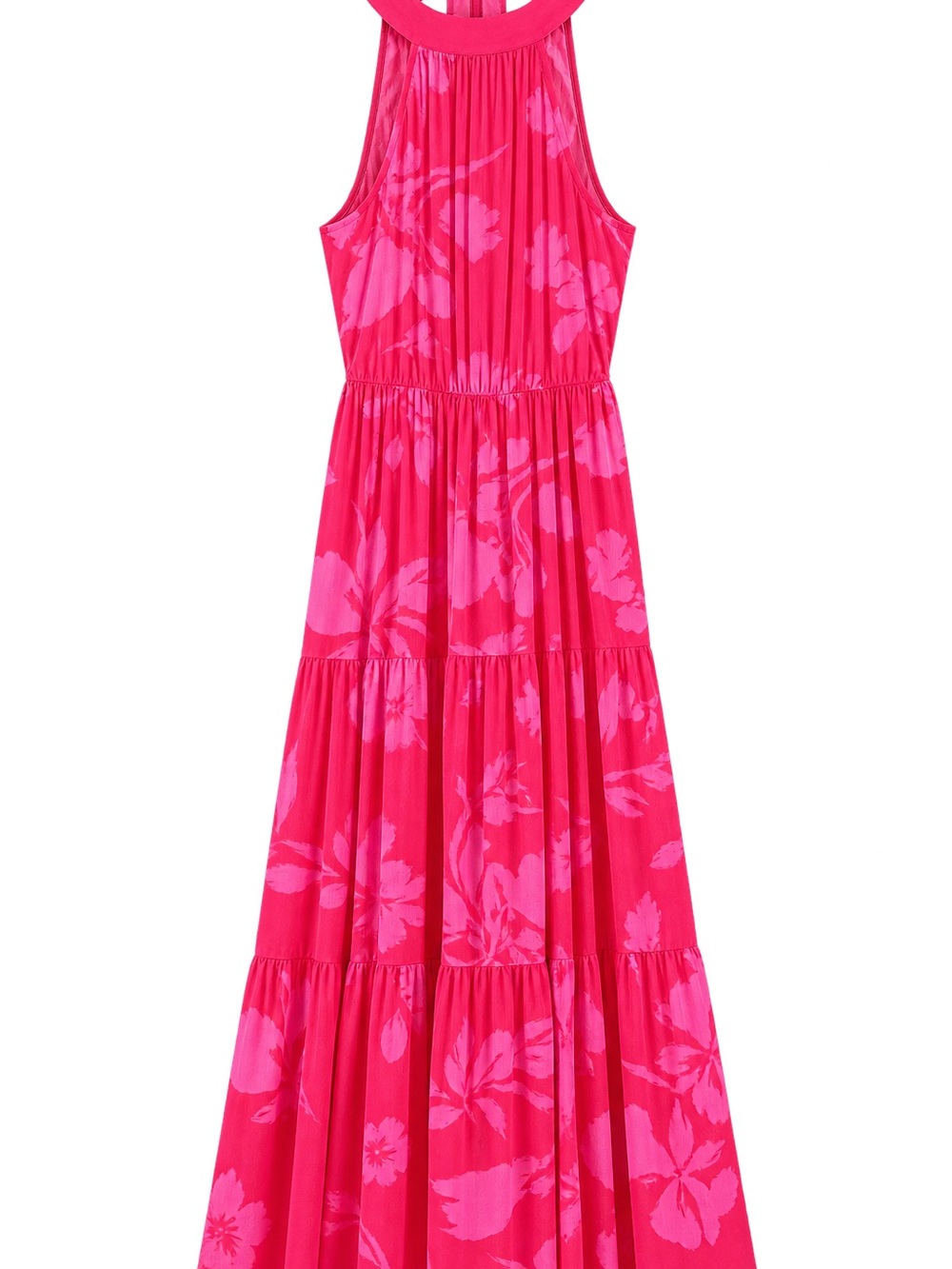 SHEIN Hot Pink Floral Halter Tiered Maxi Dress